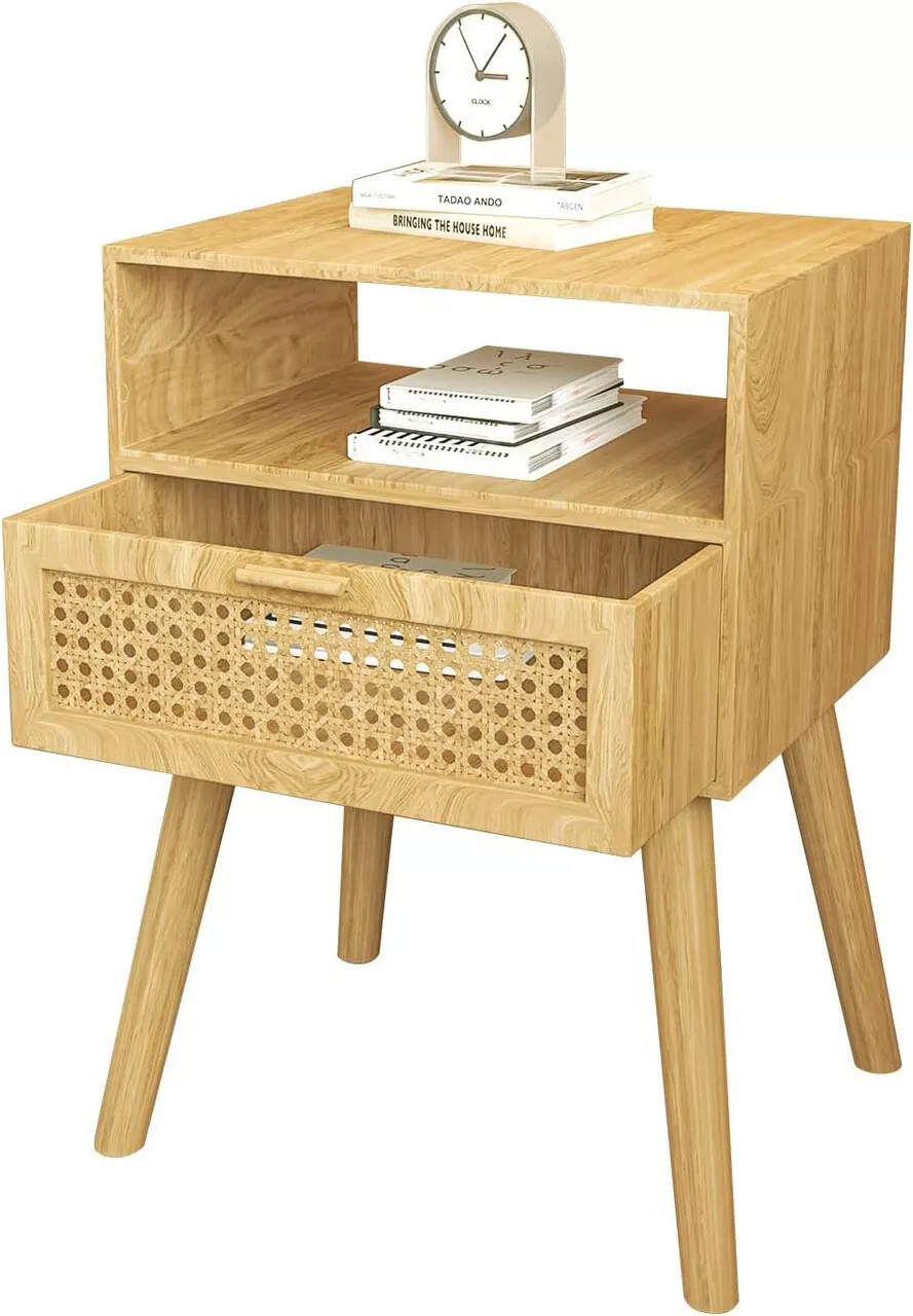 Nightstand with Rattan Door Wooden Bedside Table E